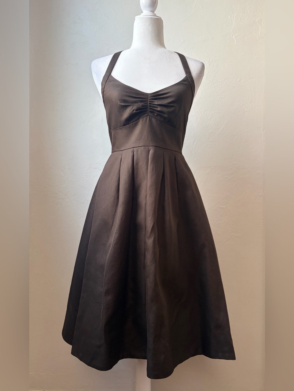 J.Crew Chocolate Brown Halter Fit & Flare Cotton Dress Open Back Size 2